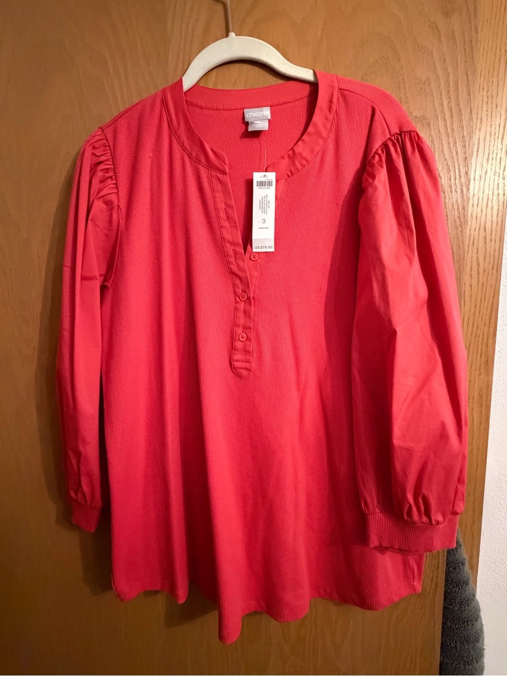 Chico's Coral Puff-Sleeve Henley Top